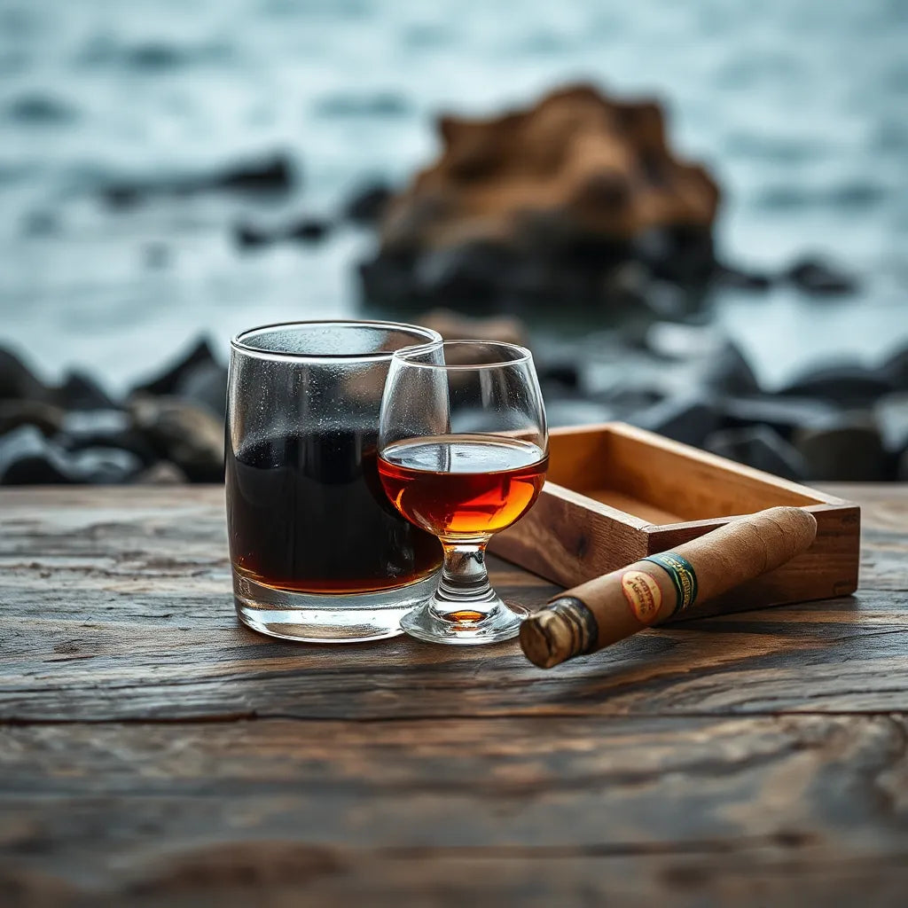 Amber whisky pour in a dark glass with a wooden tray and smoky coast tones in the background