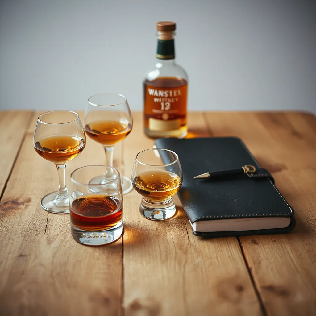 Nosing and tasting glasses on a wooden table with a whisky bottle and warm amber lighting