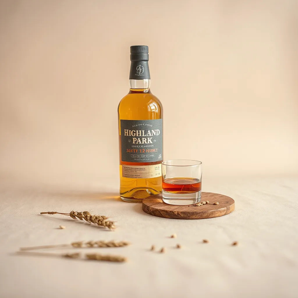 Amber whisky dram beside a bottle on a wooden board with warm natural lighting