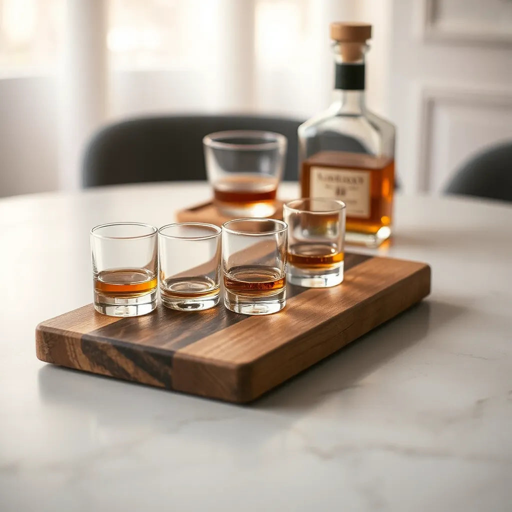 Three small glasses of amber whisky on a wooden tasting board with a decanter in warm light
