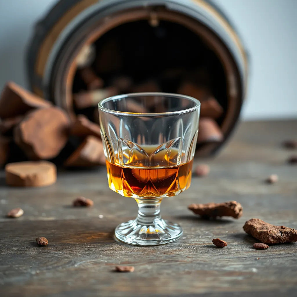 Amber whisky in a glass with warm lighting, with hints of dark sherry cask wood in the background