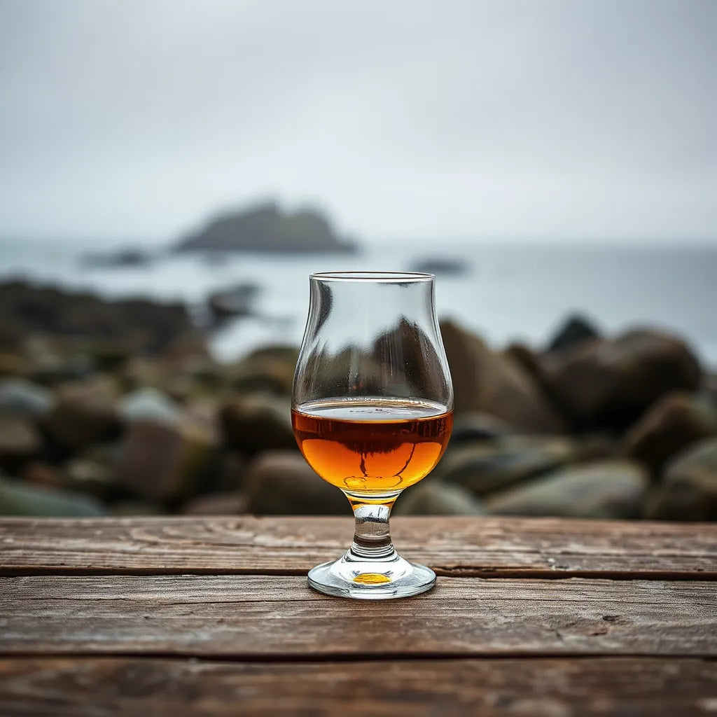 Amber Islay whisky in a glass with soft coastal backdrop and warm rustic lighting