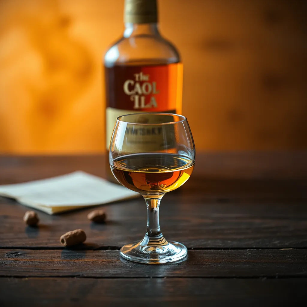 Tulip glass of amber cask strength whisky with a softly blurred whisky cask in the background