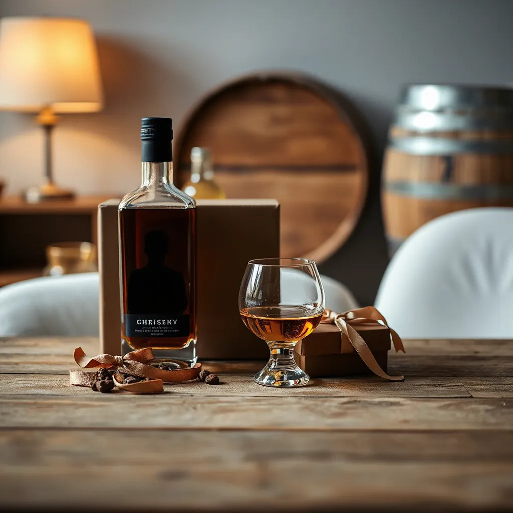 A whisky bottle, tasting glass with amber liquid, and a minimalist gift box on a wooden table