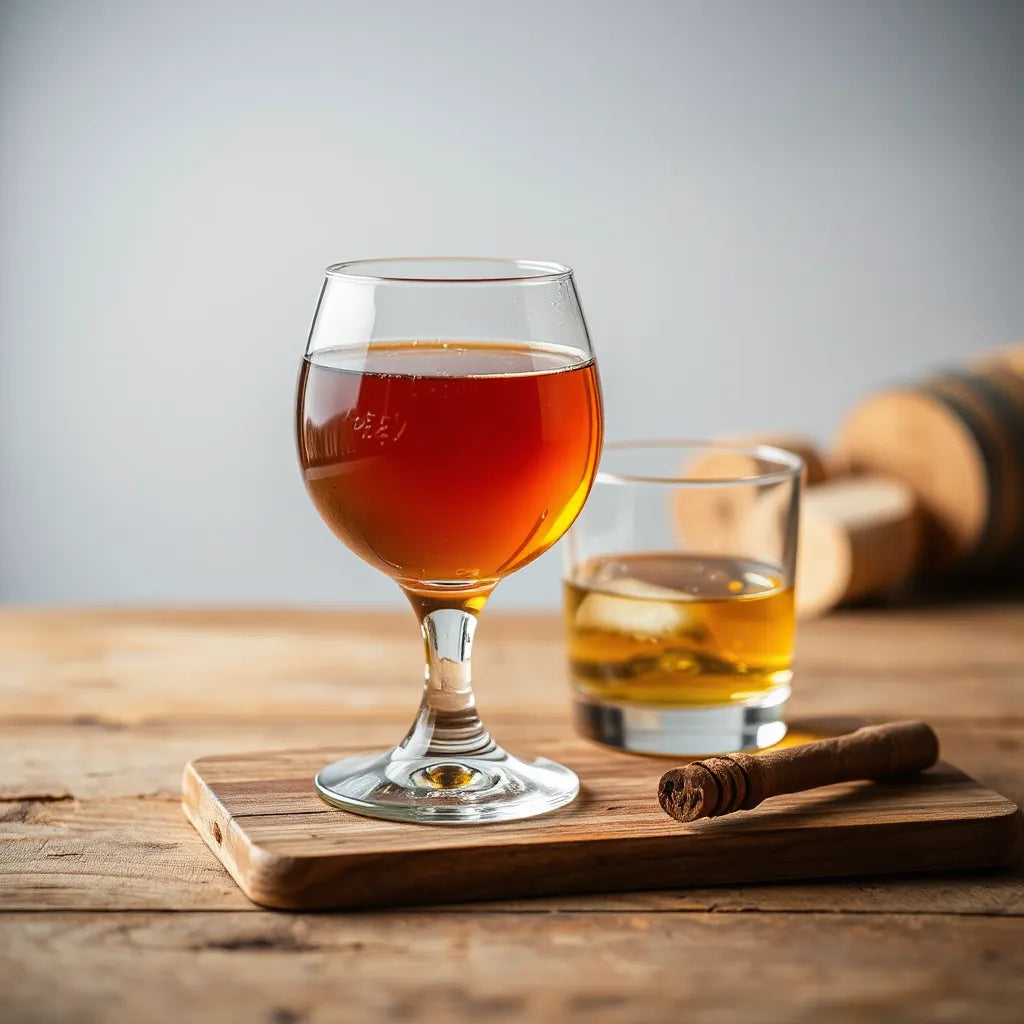Amber Scotch whisky in a tulip glass with warm lighting and softly blurred cask staves behind