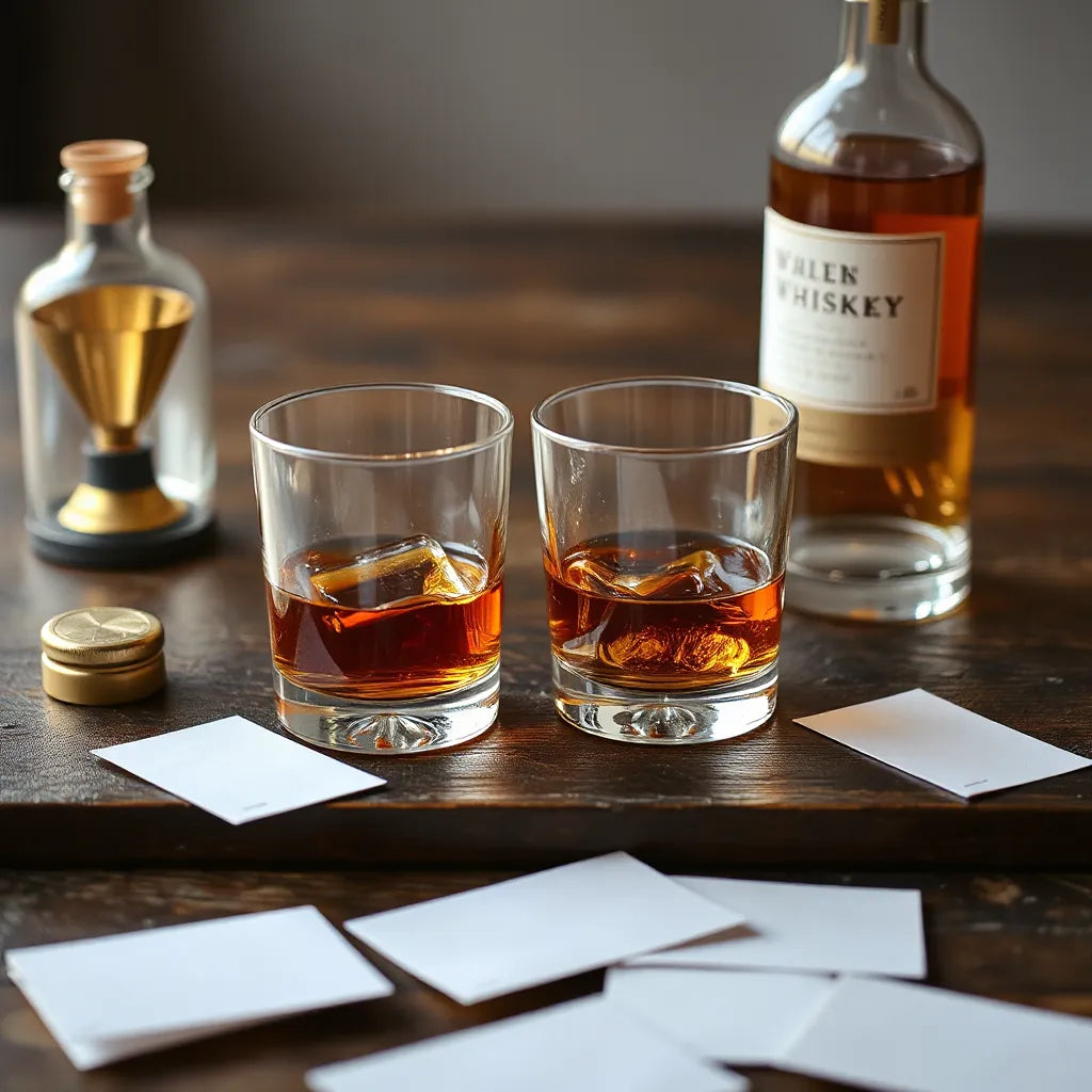 Amber whisky in a lowball glass beside a bottle on a dark wooden table with warm lighting