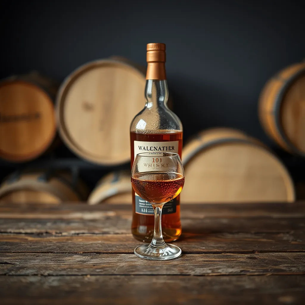 Amber single malt whisky in a glass with a bottle on a dark wooden table under warm lighting