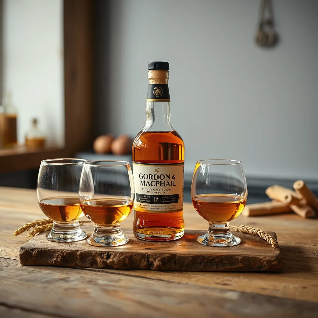 Gordon & MacPhail whisky bottle and dram glasses with warm amber light on a wooden bar