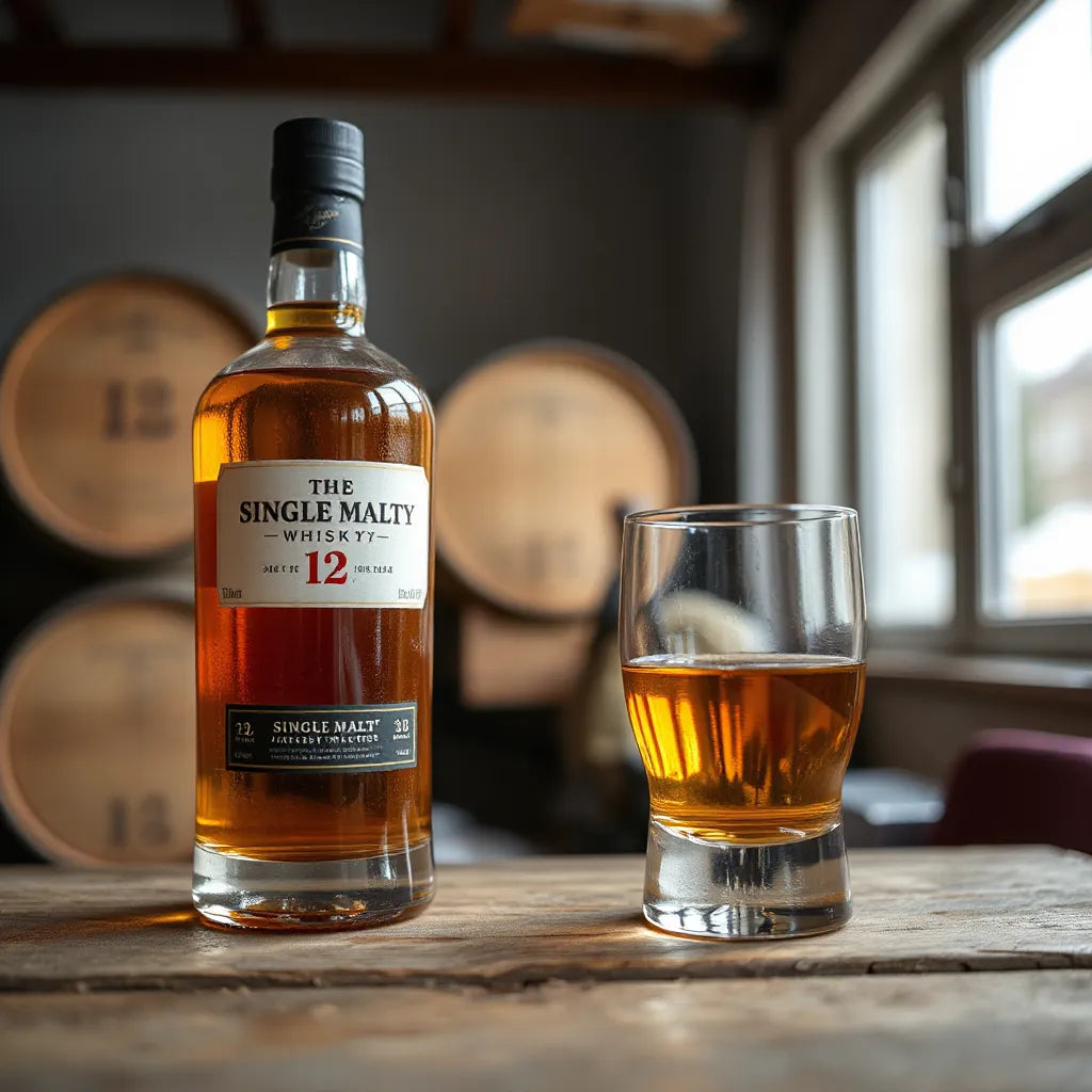 Single malt whisky bottle and glass with amber spirit on a wooden table under warm light