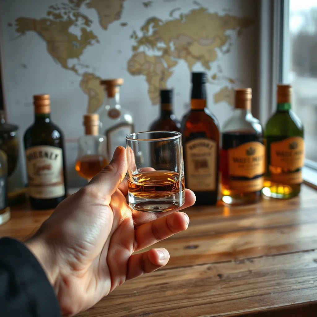 Hand holding a dram glass of golden whisky with softly blurred whisky bottles in the background