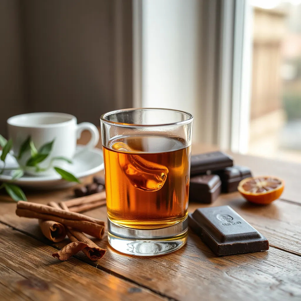 Amber whisky in a glass with subtle hints of dark chocolate and spices on a wooden table