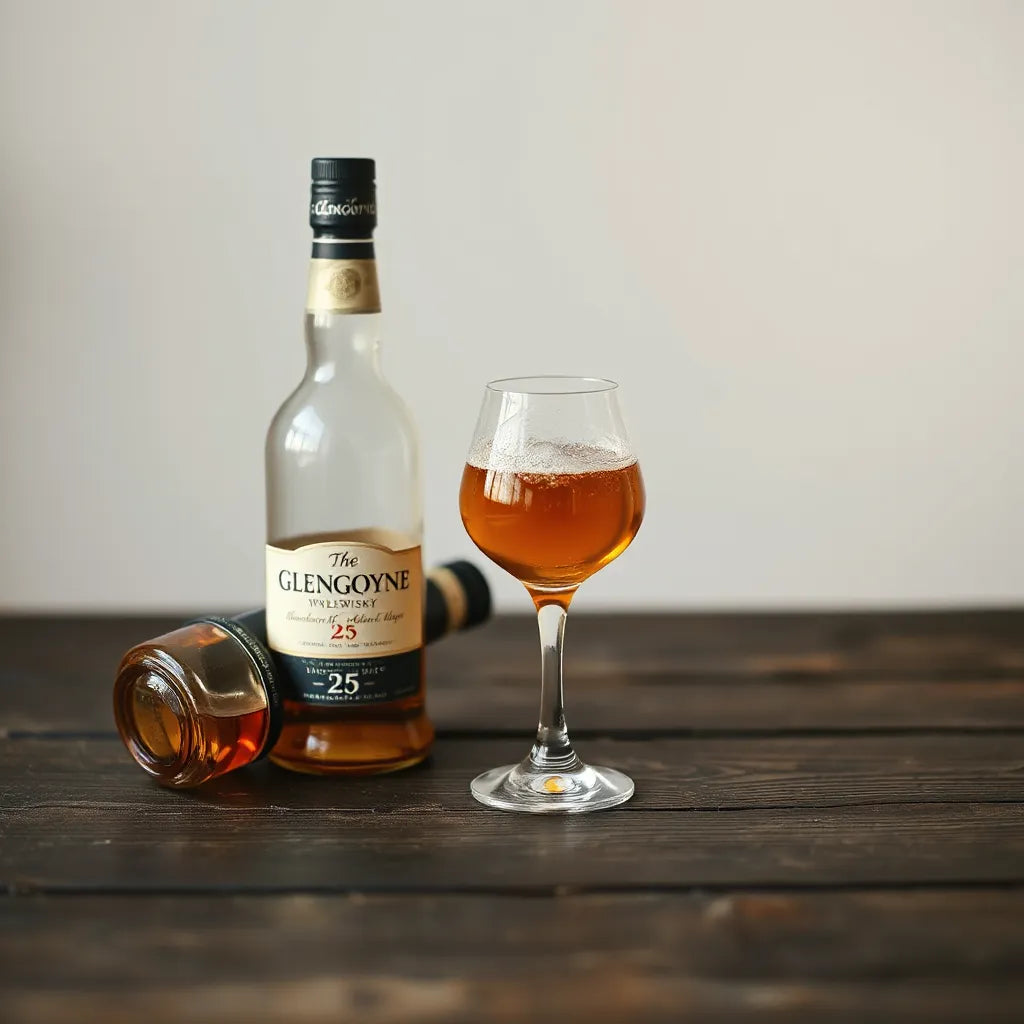 Amber whisky in a dram glass beside a bottle on a dark wooden table with warm lighting