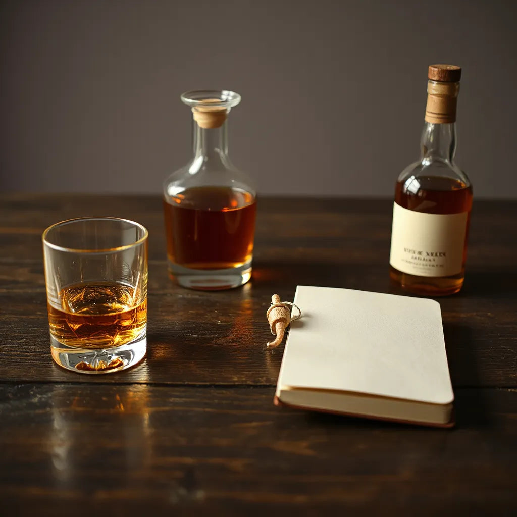 Warm-lit whisky tasting setup with dram glasses and a blank notebook on a wooden table
