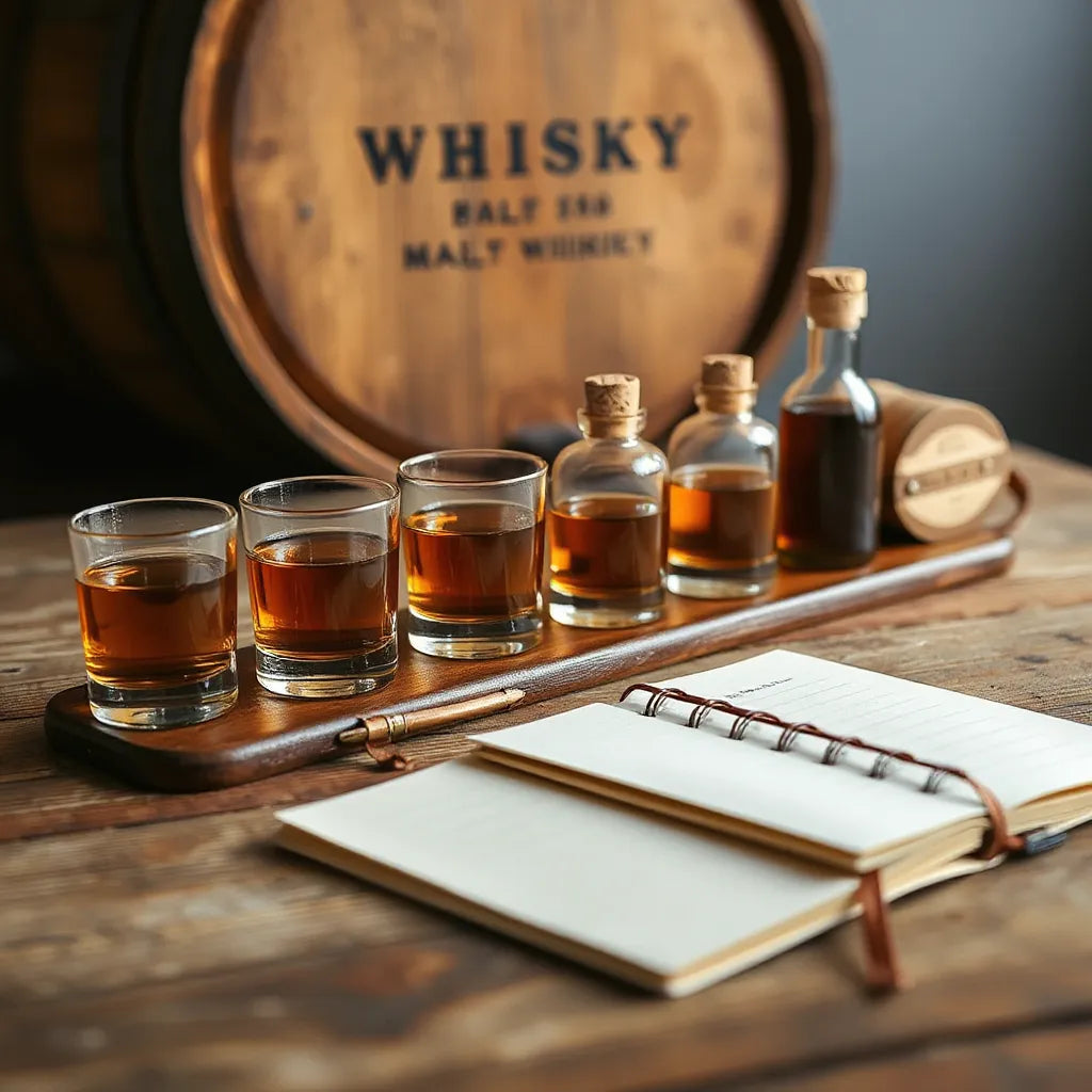 Amber malt whisky in tumblers with mini bottles and a tasting notebook on a wooden table