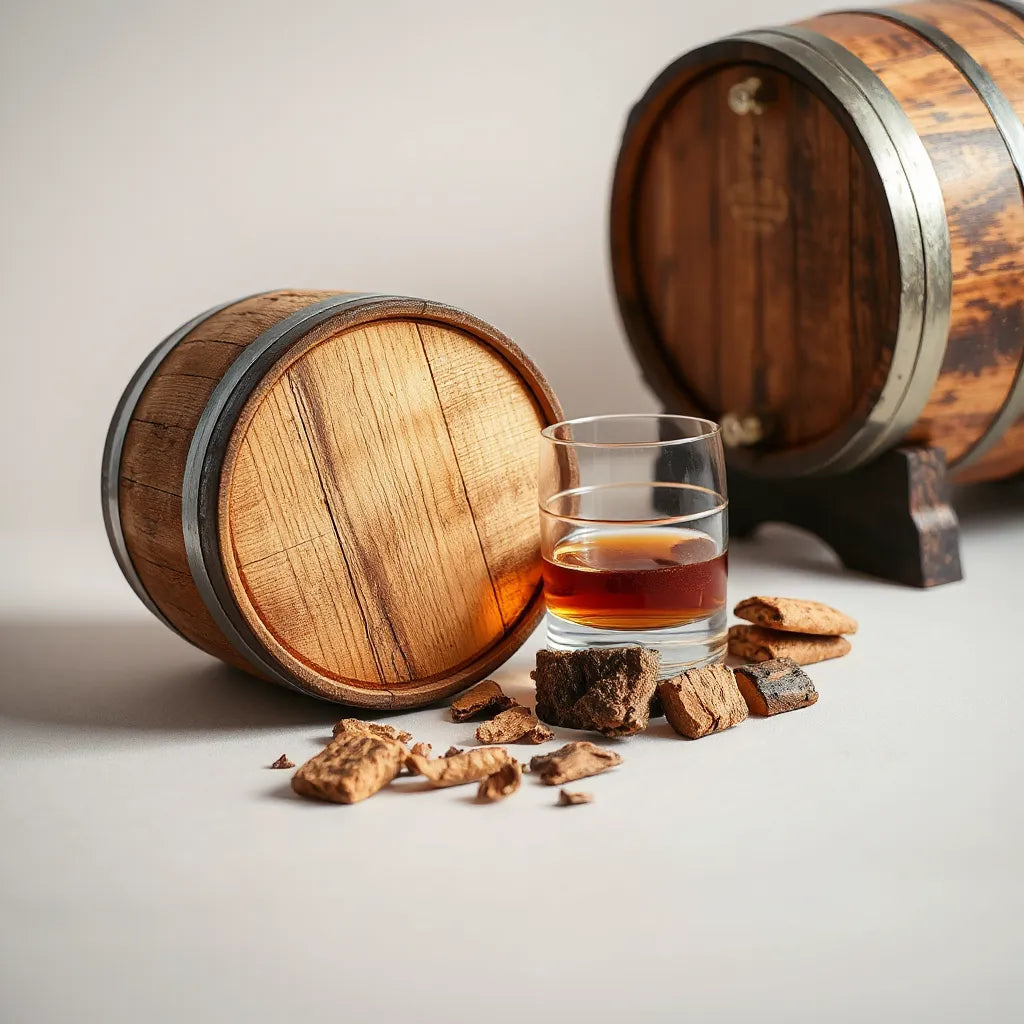 Amber bourbon cask whisky in a glass beside an oak barrel and warm wooden accents