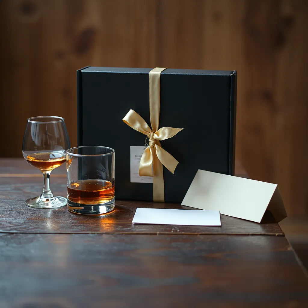 Amber whisky in glasses with a gift box and bottle on a warm wooden bar