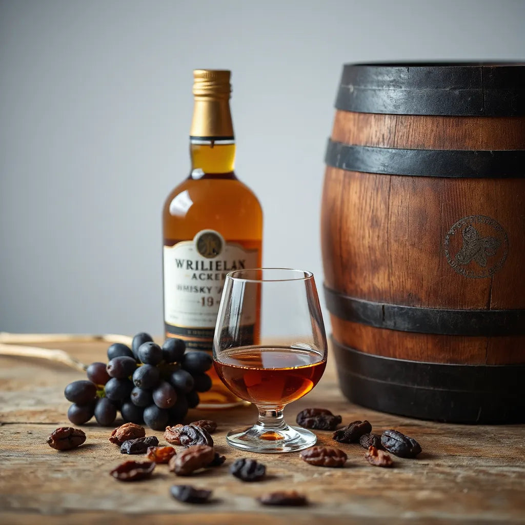 Whisky bottle, crystal glass of amber whisky, and dark wooden barrel with dried grapes nearby