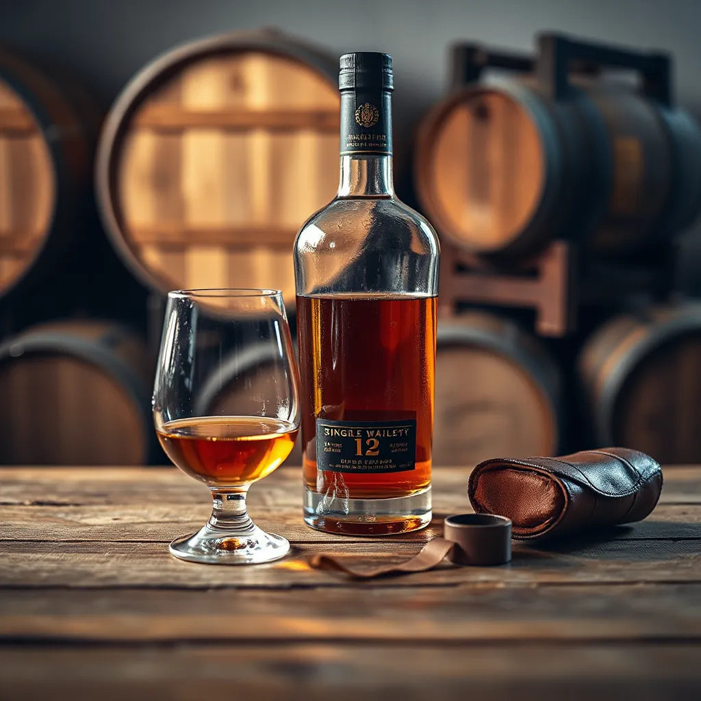 Premium whisky bottle and tulip glass with amber liquid on a wooden bar, with softly blurred oak barrels behind