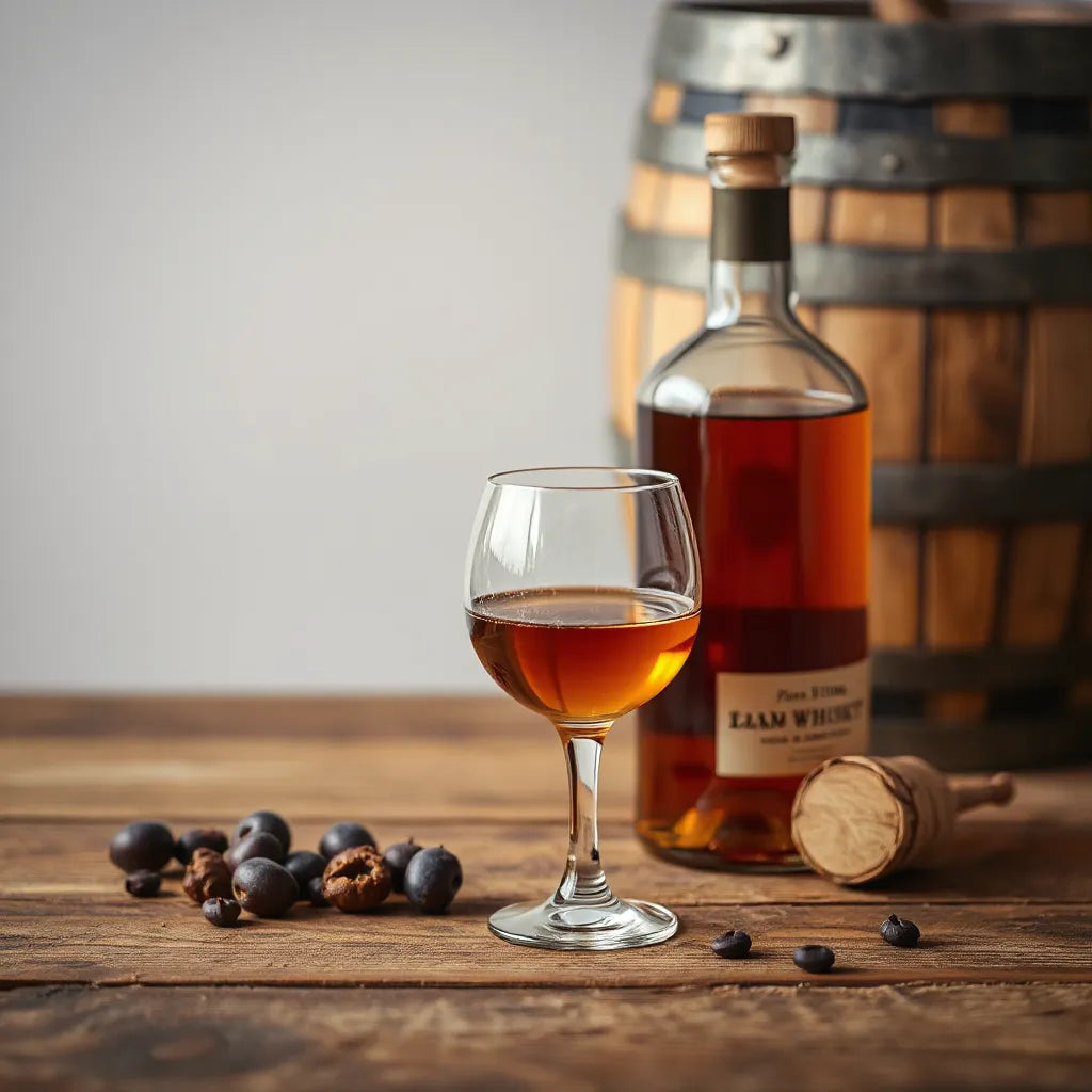Amber dram in a tulip glass beside a whisky bottle with a softly blurred cask in warm light