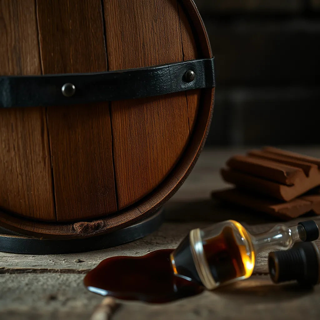 Warmly lit wooden sherry cask with dark amber liquid highlights in a cellar-like setting