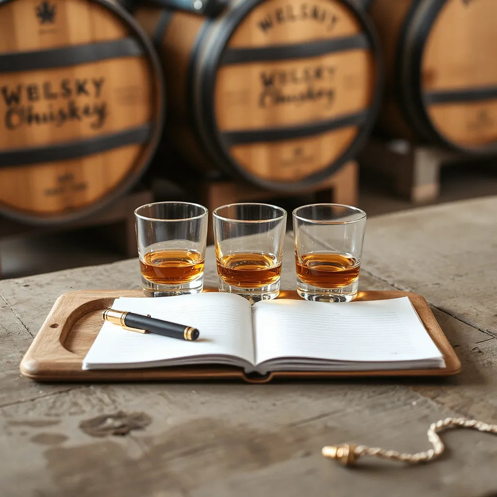 Warm-lit whisky tasting set with three amber glasses and a blank tasting notebook