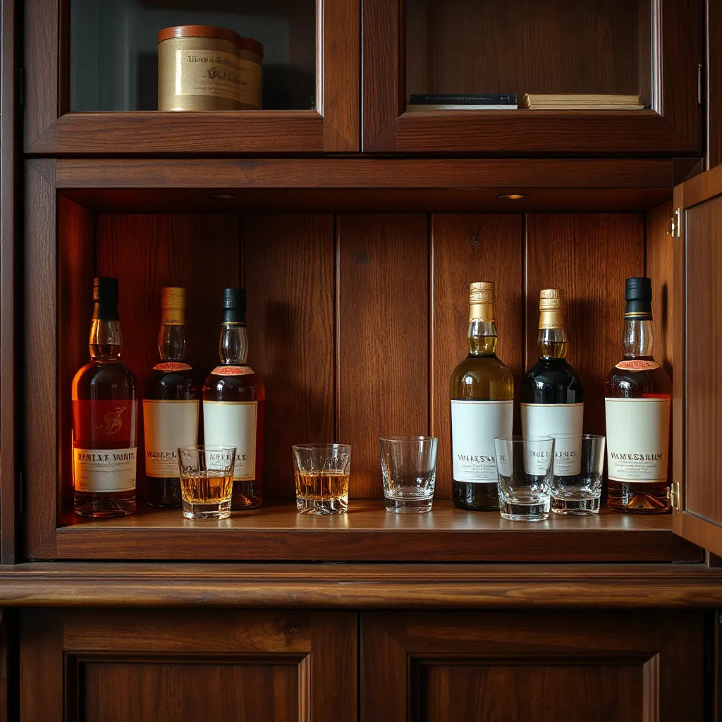 Whisky bottles in a wooden cabinet with warm lighting and a magnifying glass near bottle seals