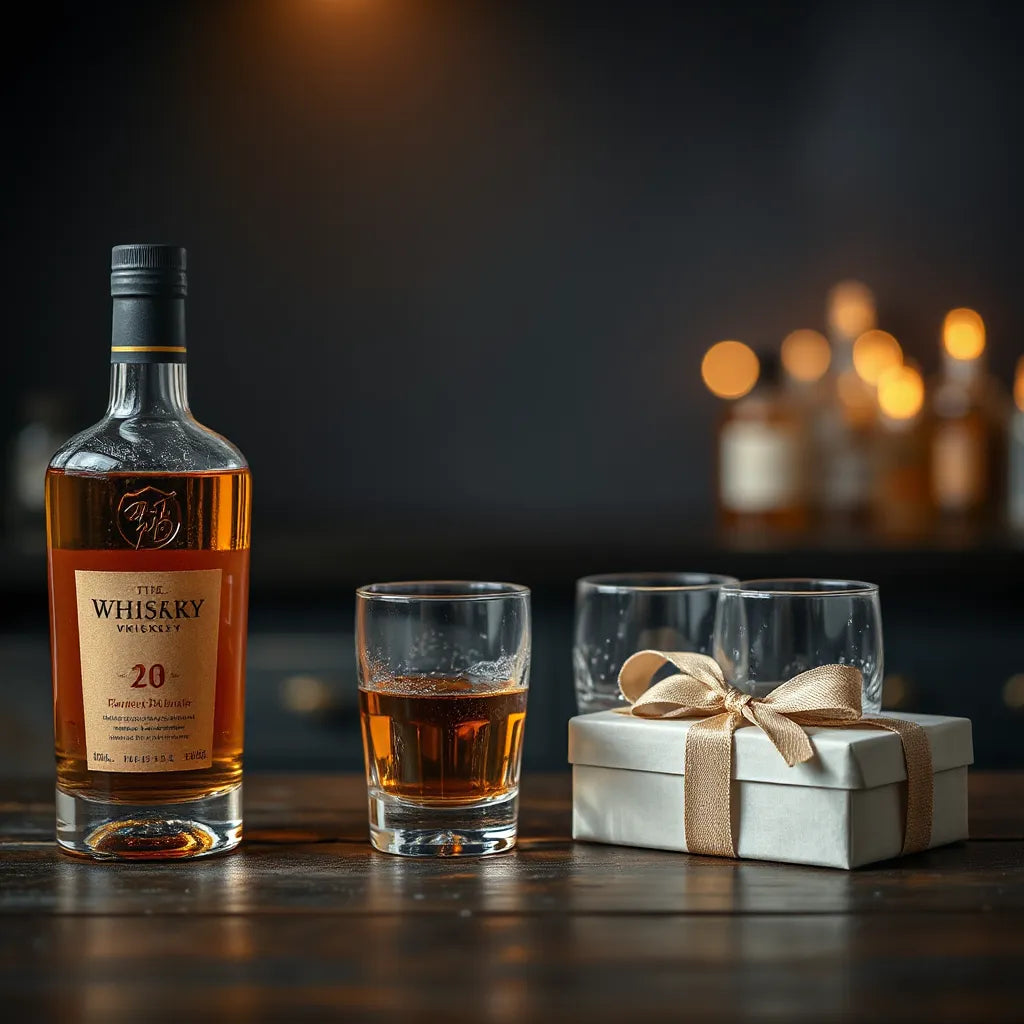 Elegant whisky bottle and glasses arranged as a premium gift on a warm wooden background