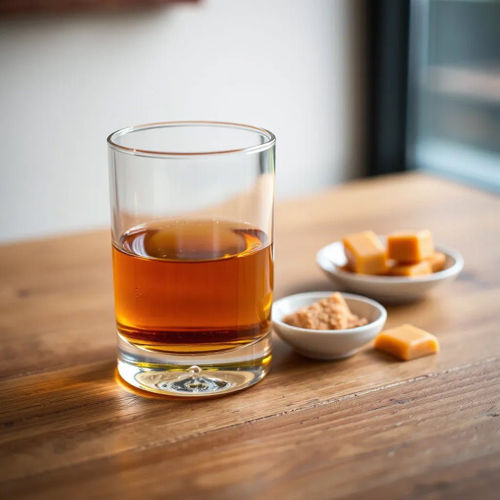 Amber whisky in a glass with warm caramel tones, plus brown sugar and butterscotch sweets nearby