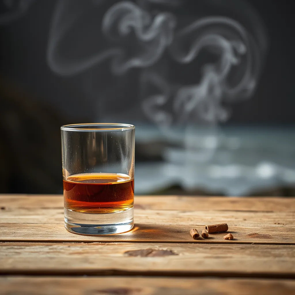 Glencairn glass of dark amber heavily peated single malt with gentle smoky haze in the background