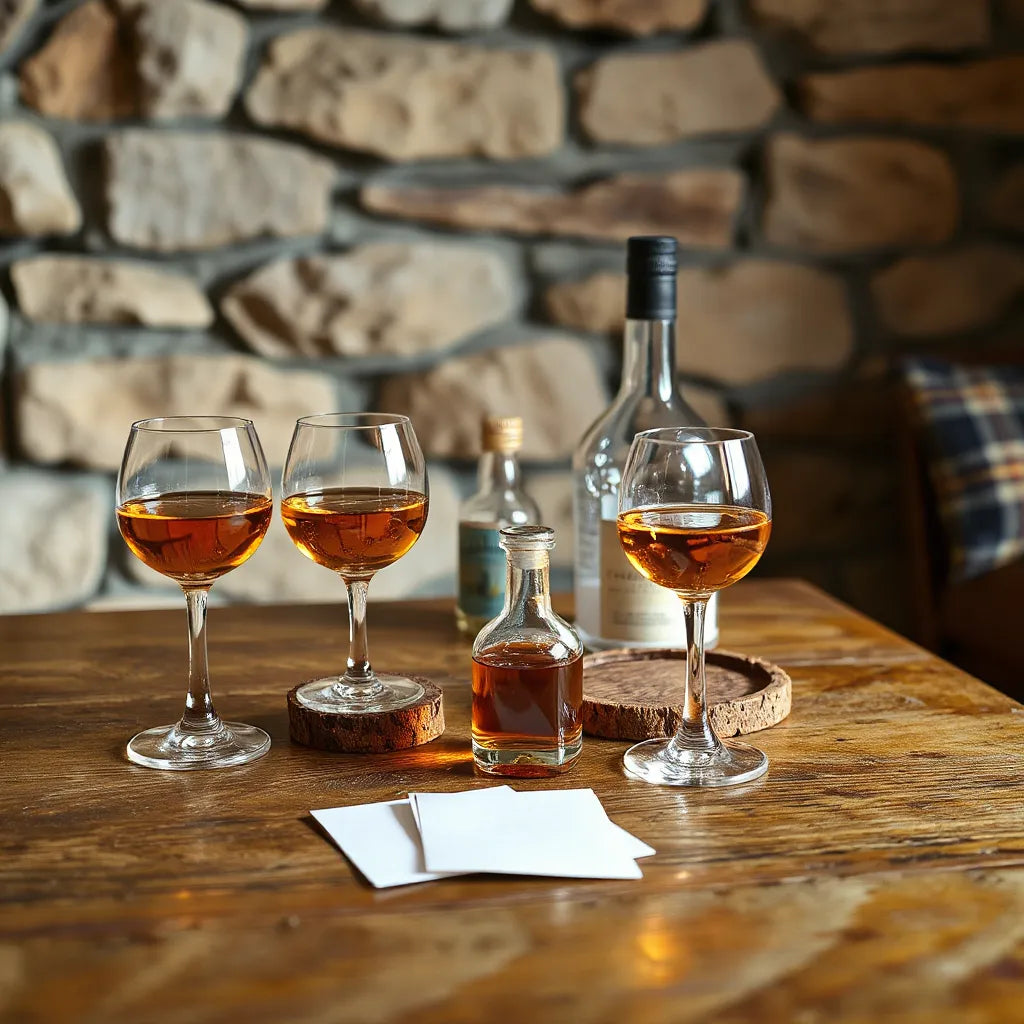 Three tulip glasses of amber single malt on a wooden table with a Scottish whisky bottle nearby