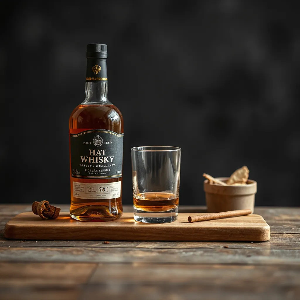 Amber whisky in a dram glass beside a bottle on a wooden bar with a smoky, moody backdrop