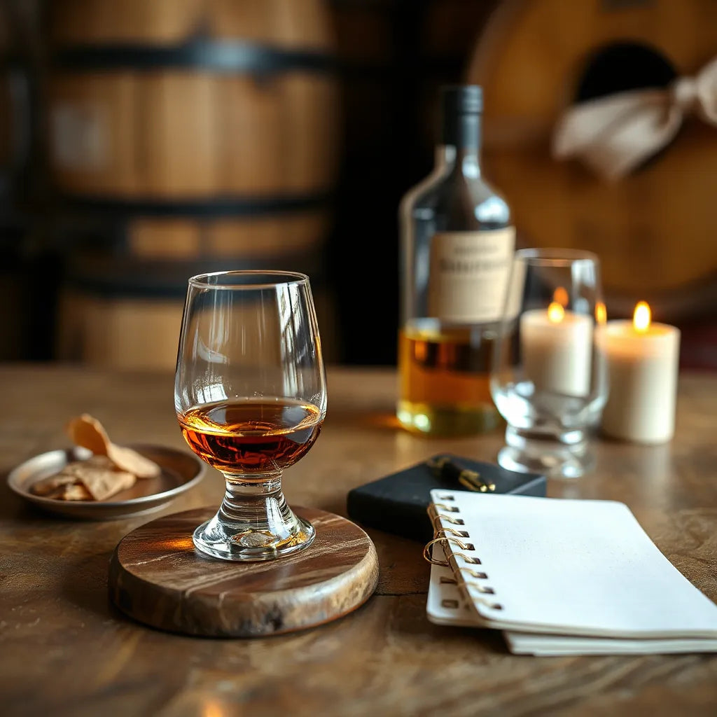Amber whisky in a dram glass with oak casks and warm lighting for a tasting and pairing feature
