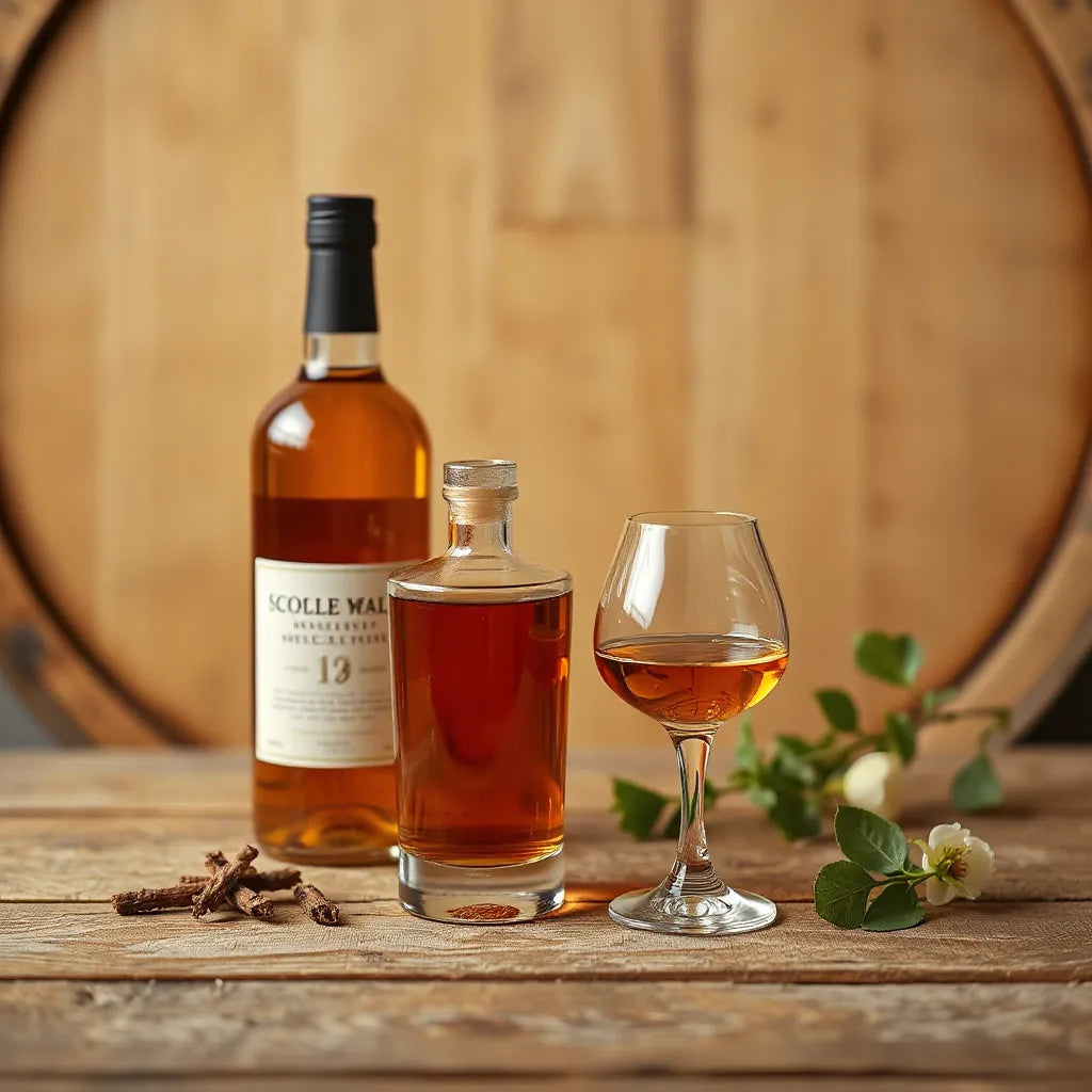Amber single malt whisky in a tasting glass with a bottle on a warm wooden background