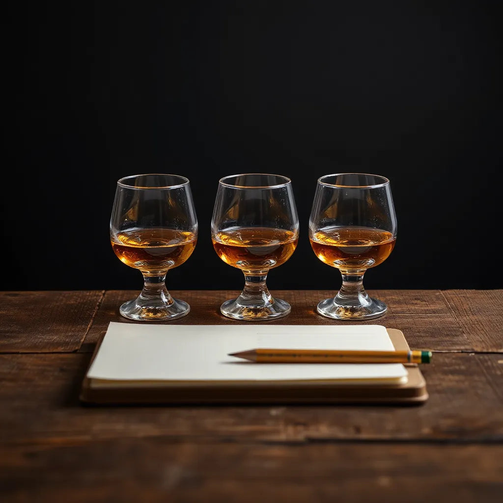 Amber whisky in crystal glasses on a wooden table with tasting notes and warm lighting