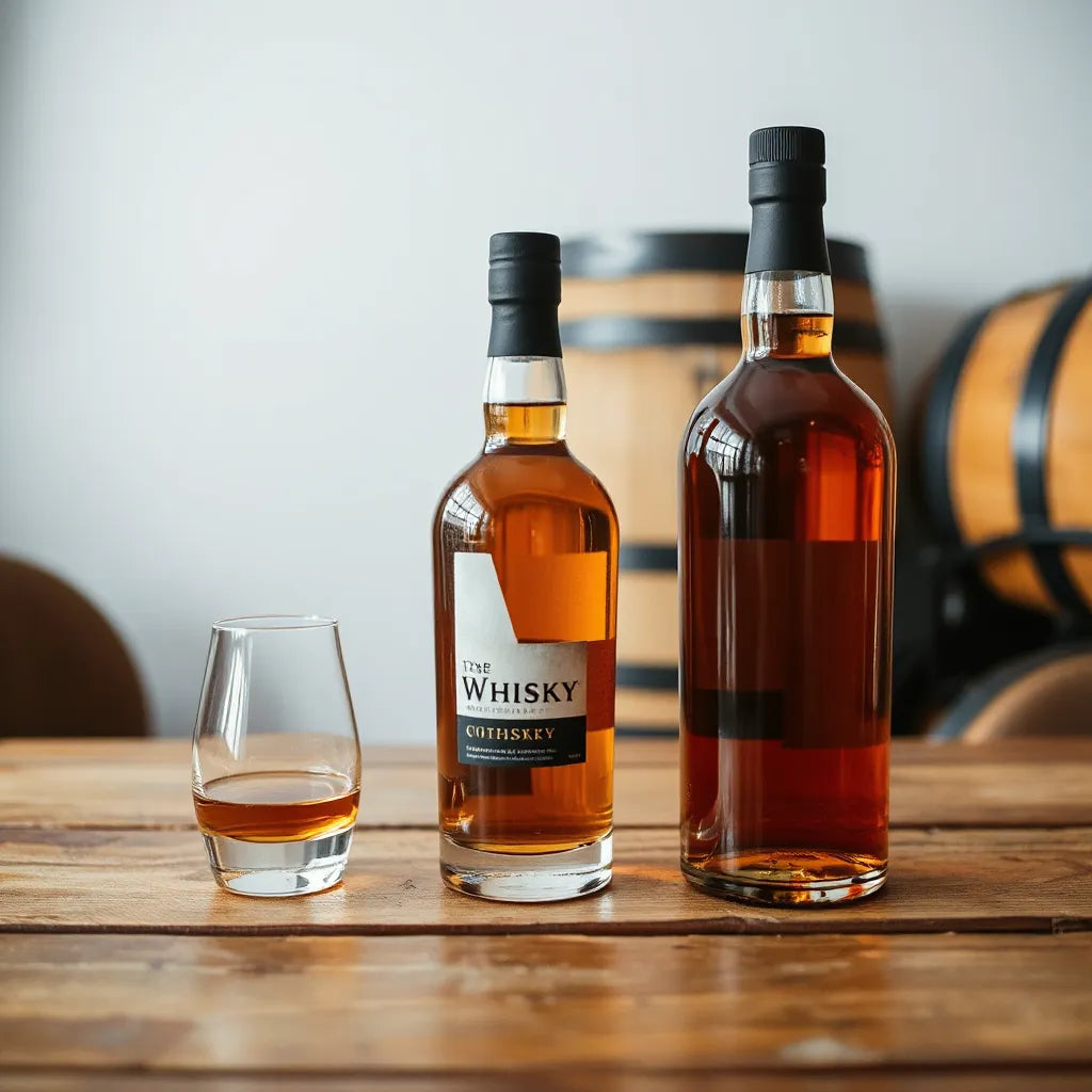 Single amber whisky bottle and dram glass on a wooden table with warm, soft lighting