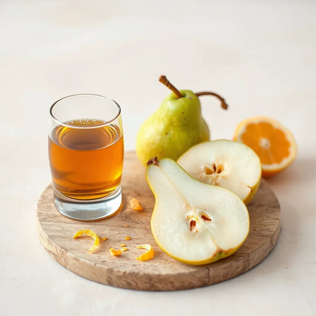 Tasting glass with amber spirit, pears and citrus segments arranged on a wooden board
