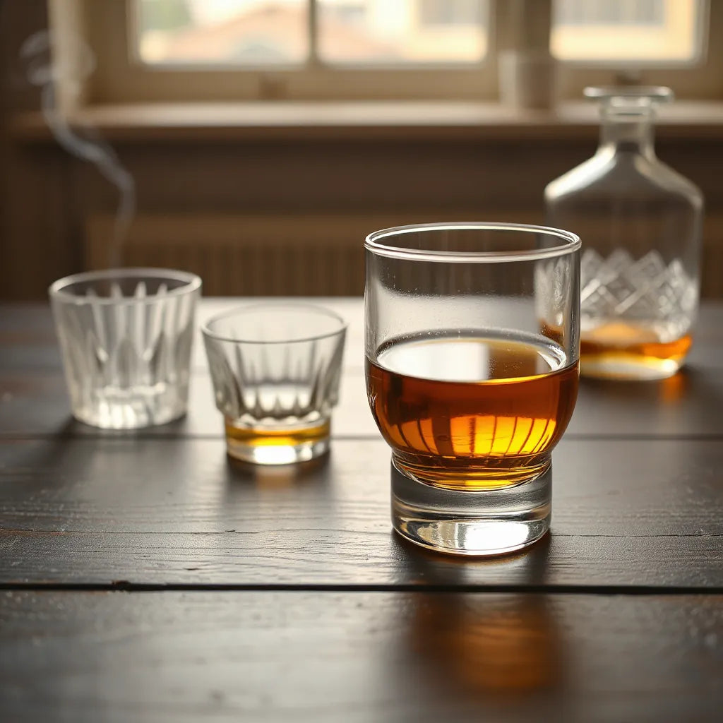 Amber whisky in a dram glass on a dark wooden table with soft warm light and minimal tasting accessories