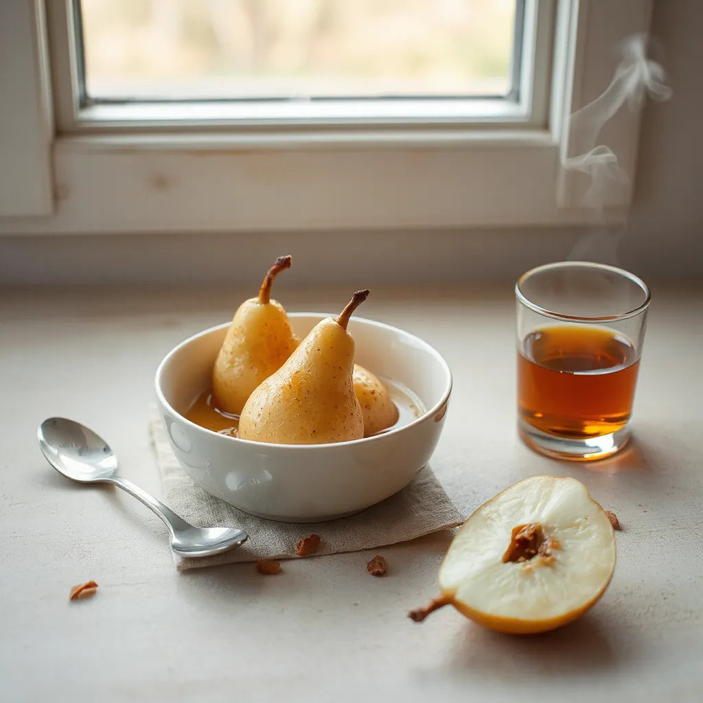 Poached pears in syrup with a cut pear half and a small glass of amber drink