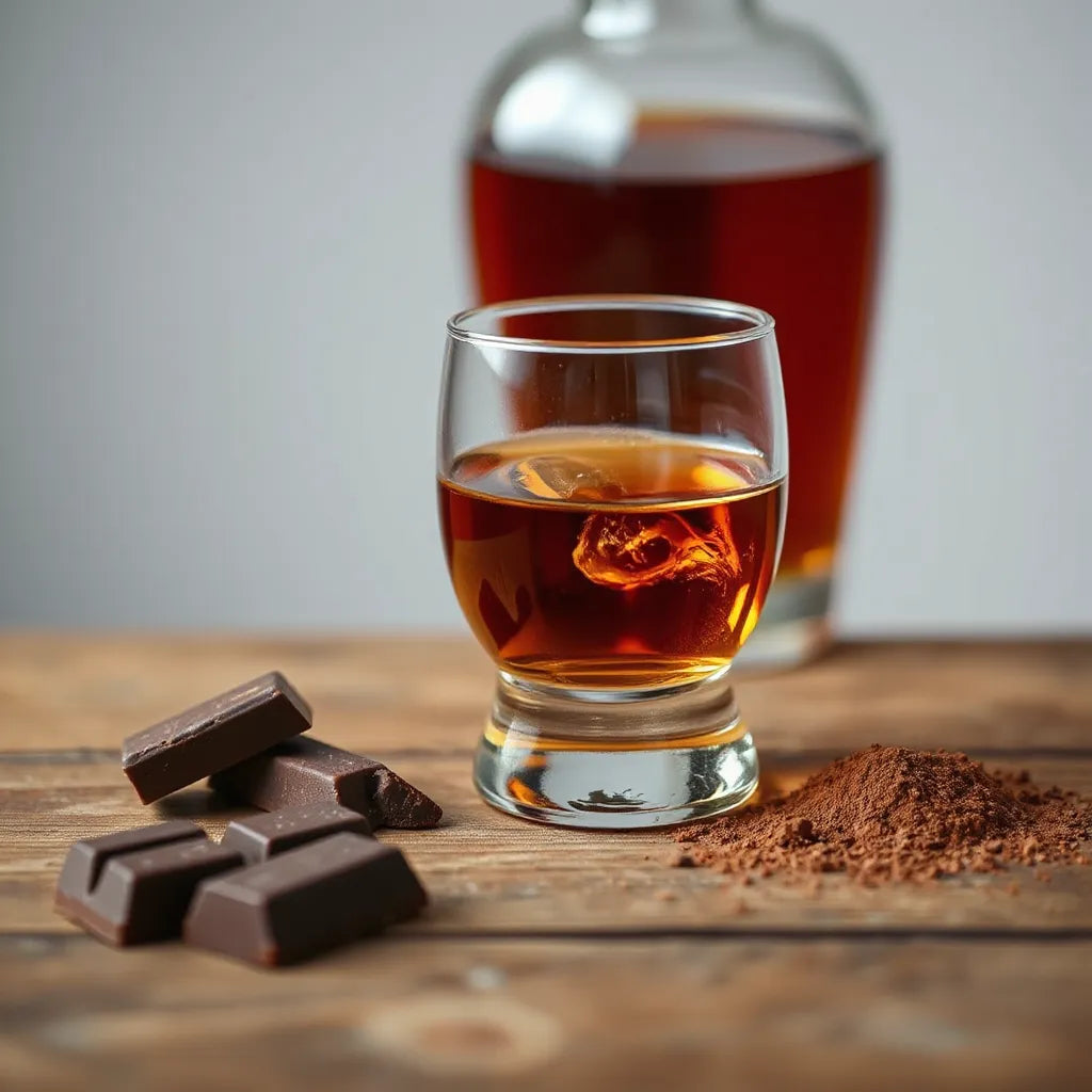 Amber whisky in a glass beside dark chocolate pieces on a wooden surface