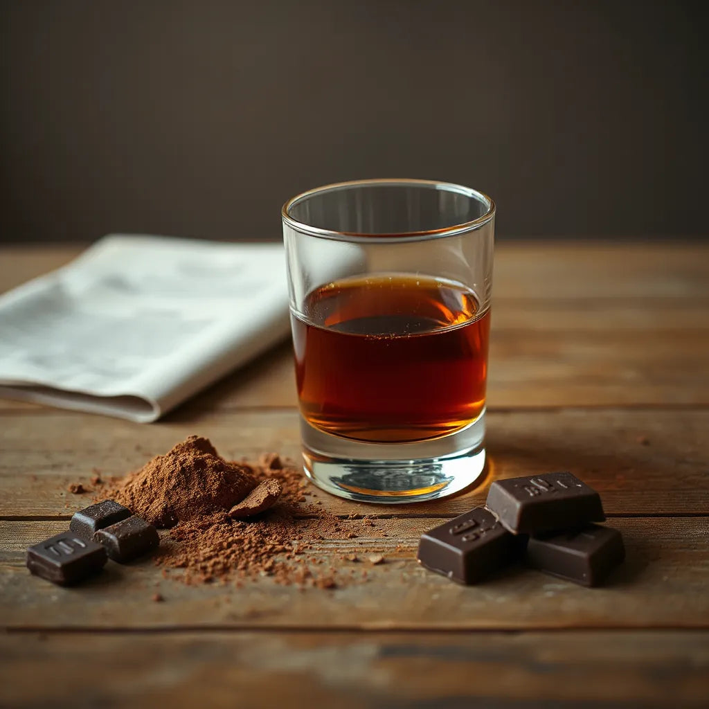 Dark whisky in a glass with chocolate pieces and cocoa powder on a wooden table