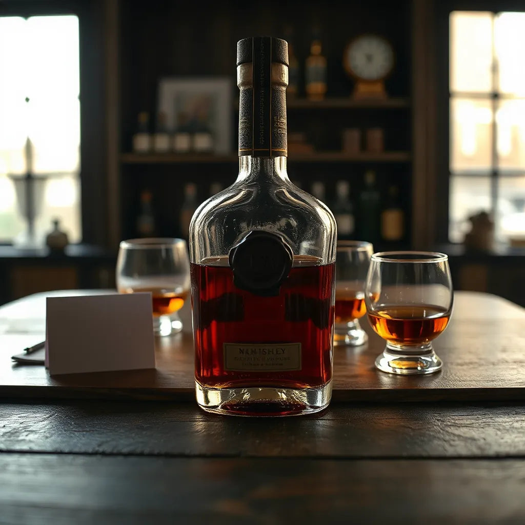 Limited edition whisky bottle with amber liquid on a wooden bar, warm light and softly blurred tasting glass nearby