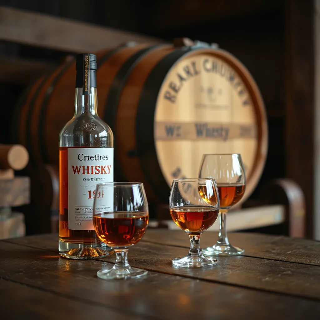 Amber whisky in glasses beside a wooden sherry cask in a softly lit cellar