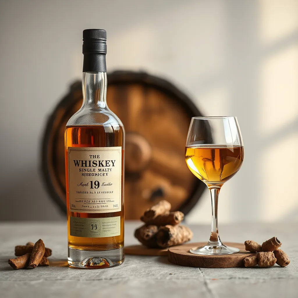 Amber whisky in a tulip glass with a Glenfarclas-style bottle and softly blurred wooden barrel behind it