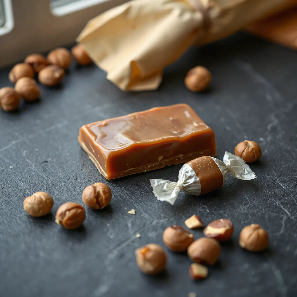 Glossy hazelnut praline sweets with roasted hazelnuts on a dark slate background