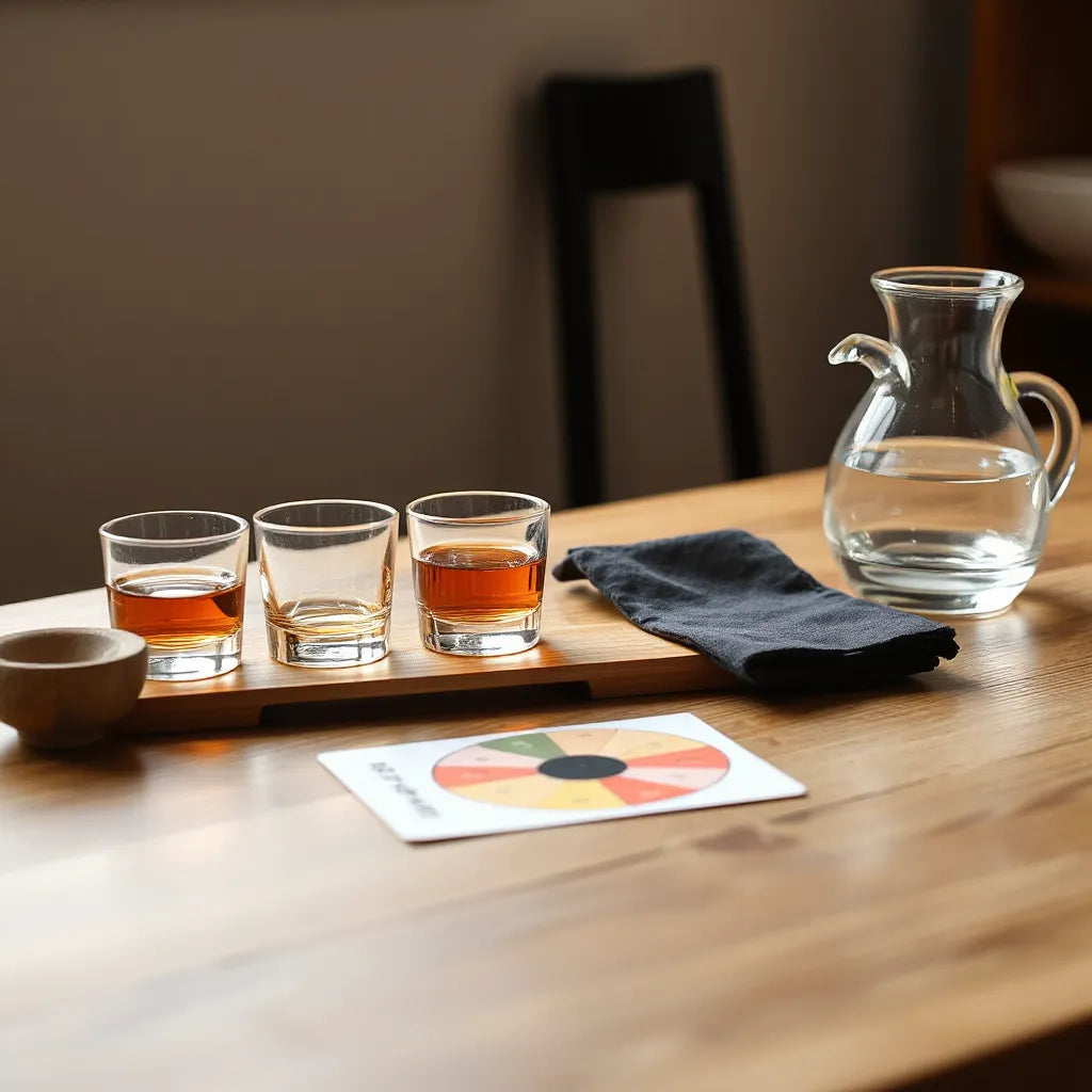 Amber whisky in three small glasses on a wooden table with tasting cards and water