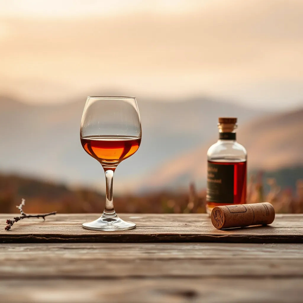 Amber Highland single malt in a tulip glass with misty hills background and a wooden table setting