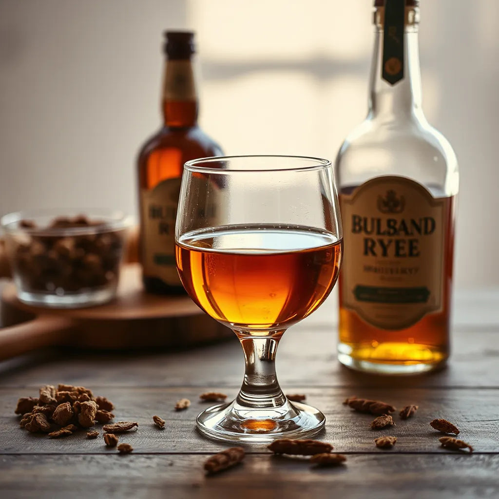Amber rye whisky in a glass with a bottle nearby on a wooden tasting board
