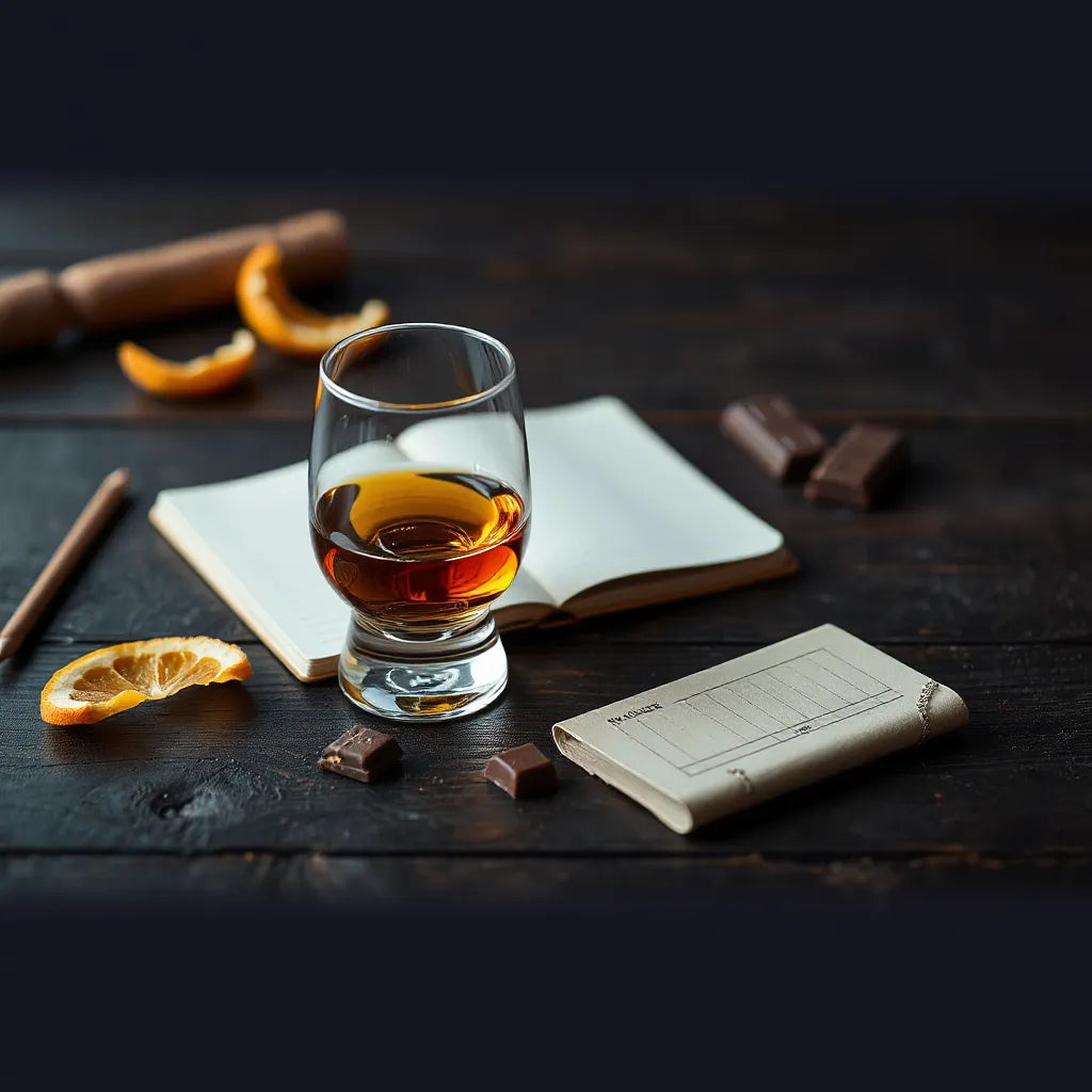 Amber dram in a whisky glass beside a tasting notebook with warm lighting and subtle chocolate accents