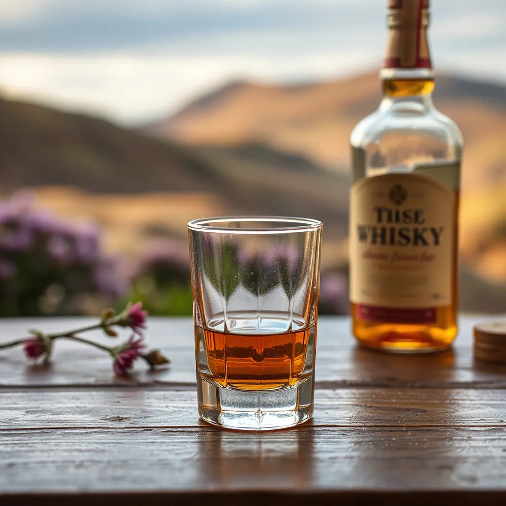 Amber whisky in a tumbler with heather and moorland tones in the background