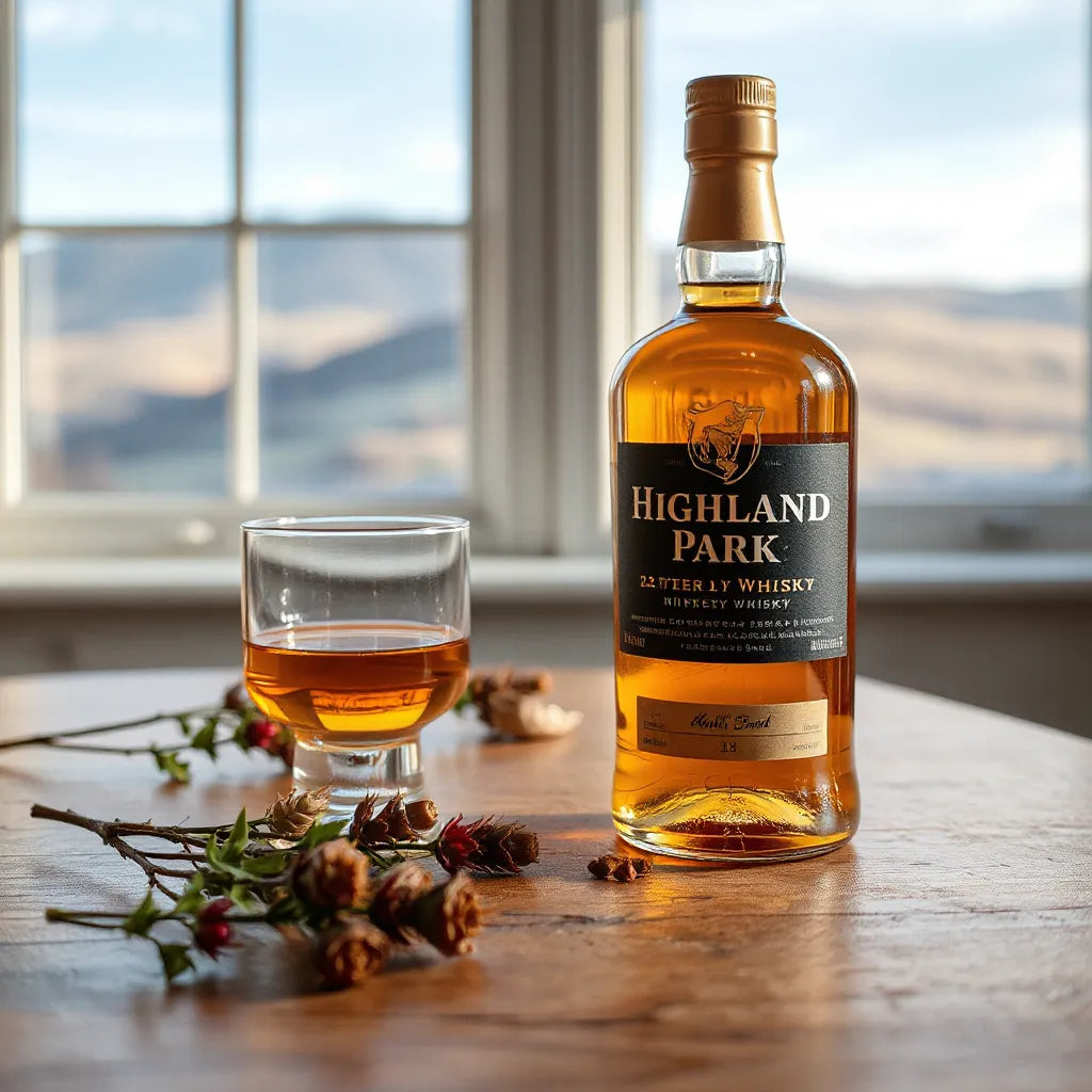 Amber whisky in a short glass beside a bottle on warm wooden table with subtle heather accents